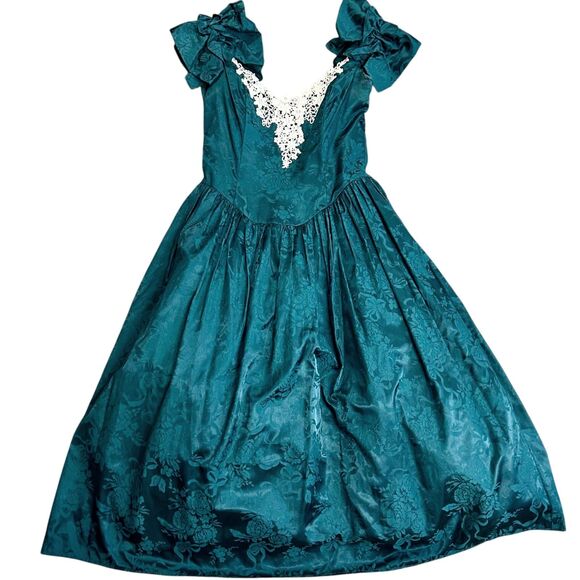 VTG 80s Jessica McClintock Green Brocade Lace Neck Formal Midi Dress Size 13/14 - Picture 2 of 14